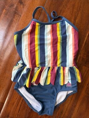 Girls' Multicolor Stripe Ruffle One-Piece Swimsuit - Blue